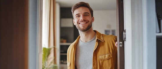 Cheerful man welcoming inviting visitor to enter his home, happy young guy standing in doorway of modern apartment, millennial male holding door looking out showing living room with hand