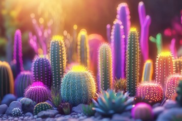 Colorful cactus garden at sunset with vibrant lighting