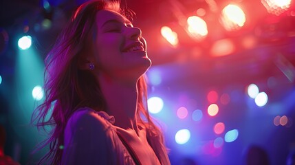 Fototapeta premium A joyful woman enjoying a vibrant party atmosphere with colorful lights.