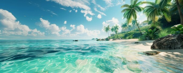 Fototapeta premium Tropical beach with crystal clear water, 4K hyperrealistic photo
