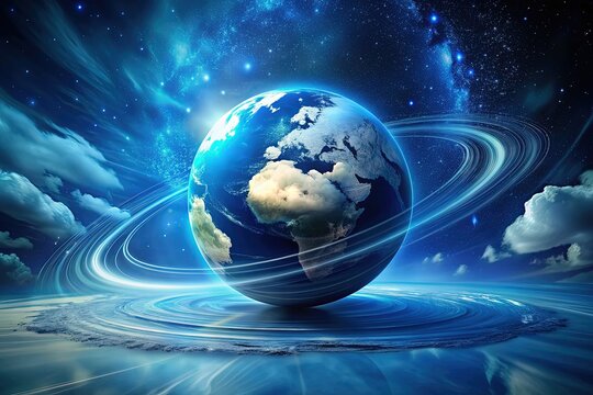A vibrant, glowing, illuminated blue globe spinning rapidly on its axis, with wispy white clouds and subtle shadowing, set against a dark starry night sky background.