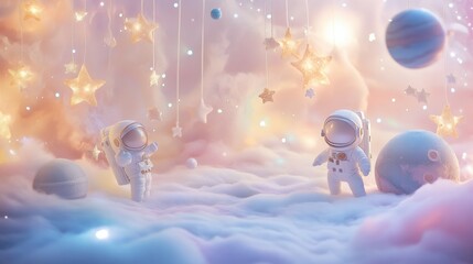 Obraz premium Two astronauts in a dreamy, colorful space scene with stars and planets.