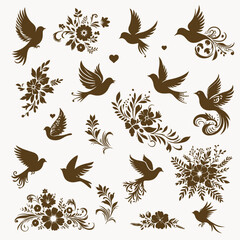 Decorative wedding elements flowers and birds silhouettes.