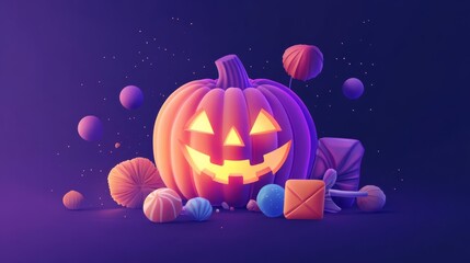 Halloween candy and a glowing pumpkin, spooky and sweet, flat design illustration