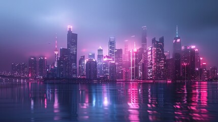 Futuristic Neon Cityscape with Reflections