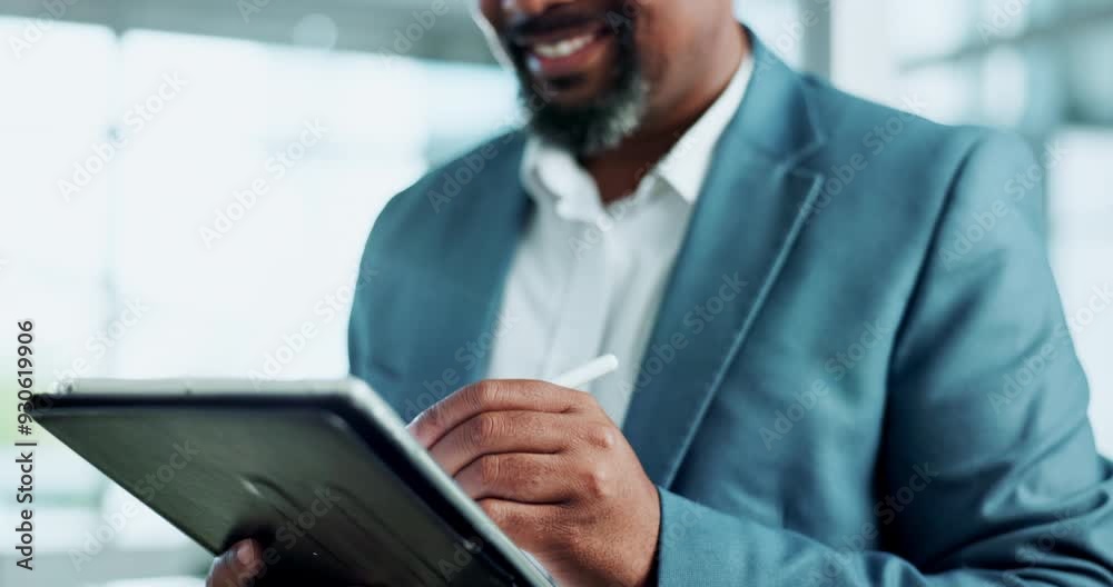 Poster business, black man and happy on tablet with stylus pen for online schedule with approval and sign d