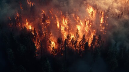 Terrible forest fire. Aerial view. Photo generated using AI