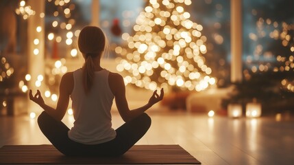 Practicing yoga in front of a sparkling Christmas tree during a quiet holiday evening