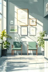 Fototapeta premium Two green chairs in a sunlit modern waiting room decorated with framed wall art and potted green plants.