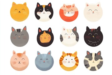 Twelve Circular Cartoon Cat Faces with Different Colors and Patterns