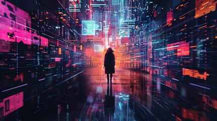 Woman Walking Through Digital Cityscape