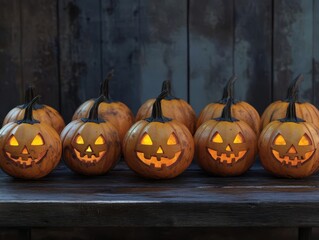 Obraz premium Multiple jackolanterns, arranged on rustic wooden table, 3D illustration