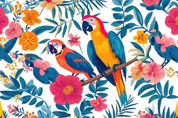 Colorful Parrots and Tropical Flowers on a White Background