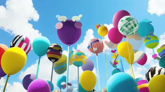 Whimsical 3D render of a colorful balloon animal parade at a carnival