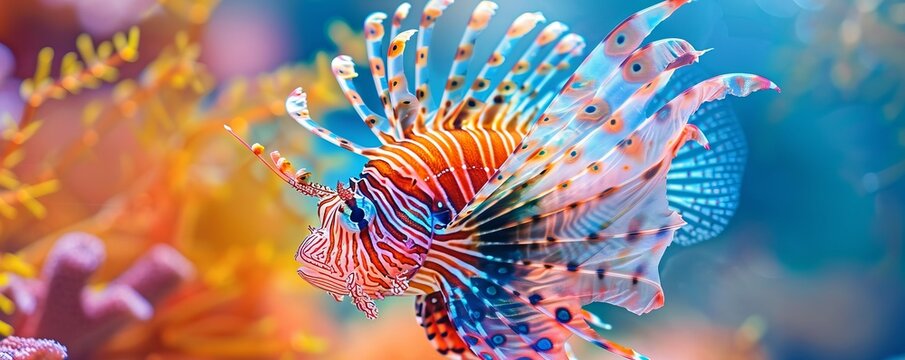 Beautiful lionfish displaying its vibrant fins, 4K hyperrealistic photo
