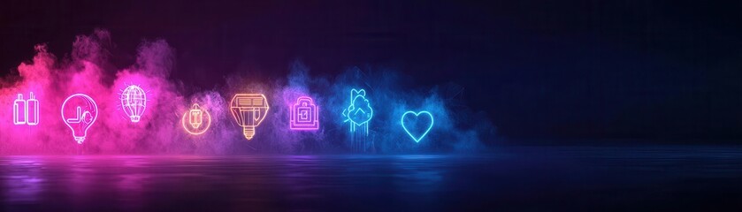 Fototapeta premium Timeline with neon signs for each milestone, representing a flashy and eye-catching campaign, bold and vibrant