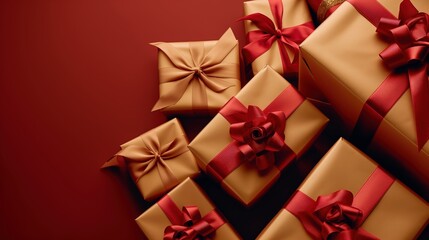 Golden gift boxes with red ribbons and bows, viewed from above, arranged on a burgundy background. 