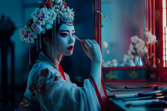 An Asian female performer backstage in the dressing room with full costume and an ornate headdress applying make up. Traditional Chinese opera performer or actress getting ready.