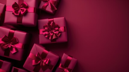 Pink gift boxes with matching ribbons and bows, viewed from above, arranged on a dark pink background. 