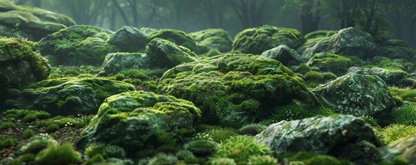 Moss-covered rocks in a forest, 4K hyperrealistic photo