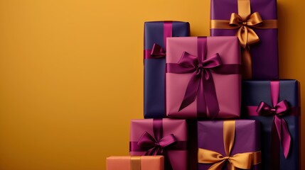 Purple and pink gift boxes with matching ribbons and bows, stacked on a yellow background. 
