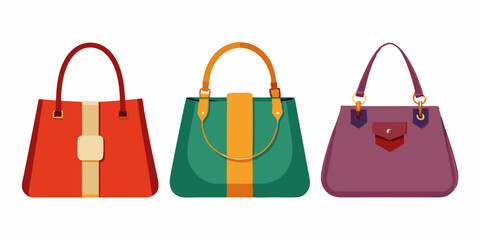 A collection of three luxury leather handbags with a white background. In different colors and styles, luxury elegant ladies’ handbags. vector illustration
