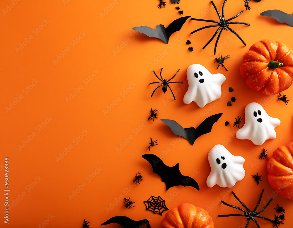 Wall mural happy halloween holiday theme decorations like spiders pumpkins bats ghosts orange background party greeting card mockup space text flat lay style