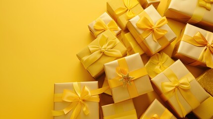 Yellow gift boxes with matching ribbons and bows, viewed from above, arranged on a yellow background. 