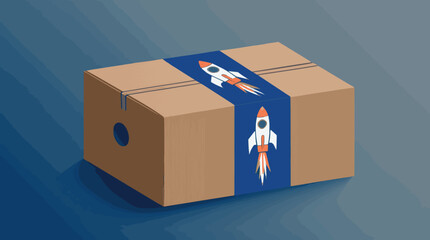 Cardboard box with rocket, startup, delivery and business concept, blue background.