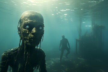 Fototapeta premium Underwater scene featuring eerie figures, evoking a sense of mystery and the supernatural.