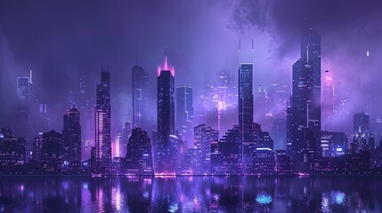 Obraz premium Futuristic City Skyline at Night with Purple and Pink Lighting
