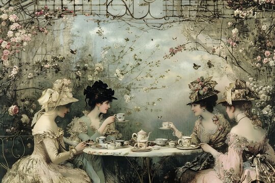 Elegant Victorian Garden Mural Featuring Ladies at Outdoor Tea Party