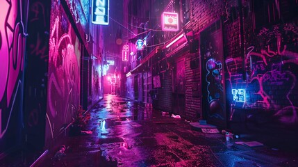 Neon-lit Alleyway in Urban City