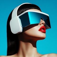 Futuristic Woman Wearing Large Blue Reflective Sunglasses and Headphones Against a Bright Blue Sky. Bold and Modern Fashion Statement Highlighting Technology, Style, and Innovation