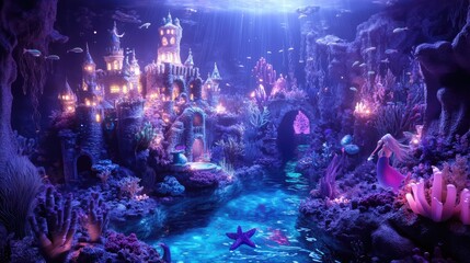 Whimsical 3D render of an underwater world with glowing sea creatures