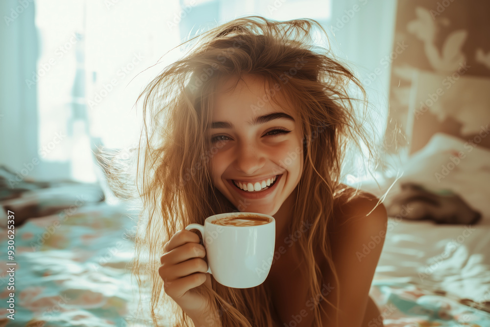 Poster funny bad hair day image with a happy young woman or student smiling while drinking her morning coff