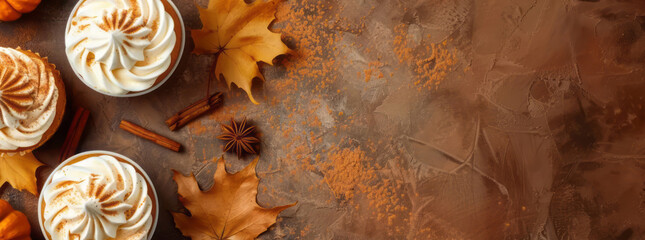 Fall homemade cake, pumpkin, maple dry leaves on old grey stone table background with copy space. Classic Thanksgiving pastry tart. Top view, flat lay. Autumn concept for banner, poster, flyer