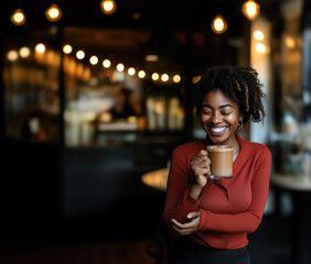 Happy black woman with a beautiful smile, drinking latte coffee in a cafe, copy space on bar interior - Powered by Adobe