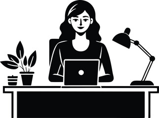 A woman working in office illustration black and white