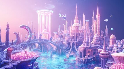 Fototapeta premium Whimsical 3D render of an underwater world with glowing sea creatures