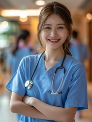 Confident Young Nurse in Blue Scrubs with a Stethoscope in a Hospital Setting. Professional and Compassionate Healthcare Worker Ready to Provide Care