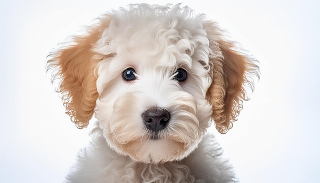 Cute Whoodle puppy looking at the camera. Head close-up portrait of Whoodle dog.