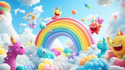 Whimsical 3D render of kids traveling across a vibrant rainbow