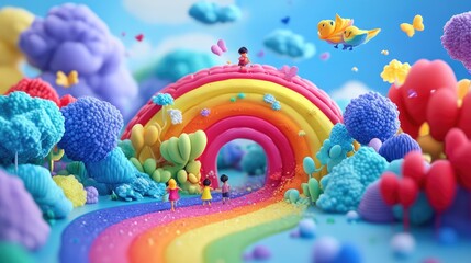 Obraz premium Whimsical 3D render of kids traveling across a vibrant rainbow