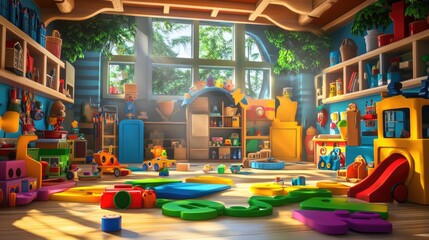 Whimsical 3D render of a magical toy workshop with animated toys