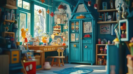 Whimsical 3D render of a magical toy workshop with animated toys