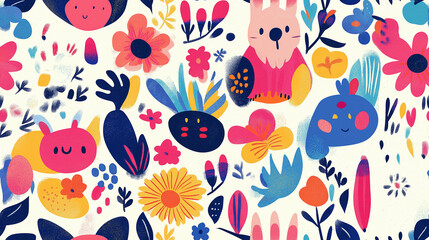 Fototapeta premium A seamless pattern with whimsical and colorful characters, flowers, and leaves on a light background. The playful and cheerful design is perfect for children’s themes and fun decor.
