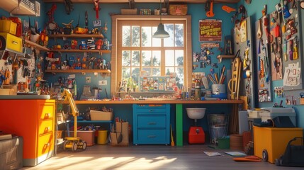 Whimsical 3D render of a magical toy workshop with animated toys