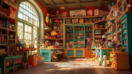 Whimsical 3D render of a magical toy workshop with animated toys
