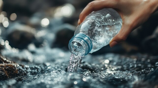 A close-up shot of a hand pouring water from a plastic bottle into a clear rocky stream, symbolizing purity and connection with nature through this simple act of replenishment.